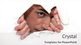  Presentation with paper - Beautiful theme featuring dissemination - man looking through hole backdrop and a light gray colored foreground