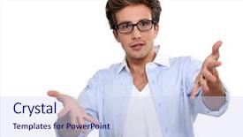  Presentation with elegant man in glasses optics - PPT layouts enhanced with dissemination - man with glasses explaining background and a sky blue colored foreground