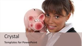  Presentation with piggy bank - Audience pleasing presentation consisting of dissemination - woman with a piggy bank backdrop and a coral colored foreground