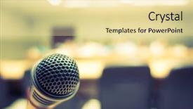  Presentation with radio station air vintage microphone - Beautiful slides featuring discourse - black microphone in conference room backdrop and a  colored foreground
