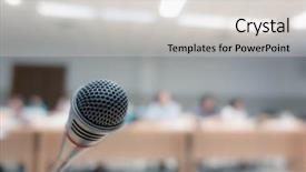  Presentation with radio station air vintage microphone - Slide deck featuring discourse - black microphone in conference room background and a light gray colored foreground