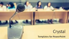  Presentation with radio station air vintage microphone - Colorful presentation theme enhanced with discourse - black microphone in conference room backdrop and a blonde colored foreground