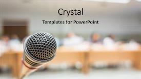  Presentation with radio station air vintage microphone - Slides having discourse - black microphone in conference room background and a light gray colored foreground