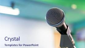  Presentation with conference - Colorful slide set enhanced with discourse - black microphone in conference room backdrop and a sky blue colored foreground