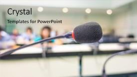  Presentation with microphone - Presentation theme having discourse - black microphone in conference room background and a light gray colored foreground