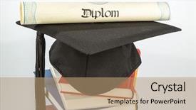  Presentation with stack books - PPT theme consisting of dissertation - mortarboard on stack of books background and a coral colored foreground