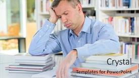  Presentation with stack books - PPT theme with tired man with stack background and a light blue colored foreground