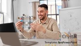  Presentation with home office - PPT theme enhanced with distance-education-school-and-remote background and a coral colored foreground