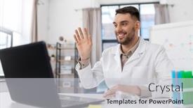  Presentation with home office - PPT theme having distance-education-school-and-science background and a light gray colored foreground