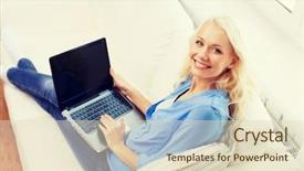  Presentation with laptop blank screen - Slides consisting of distance learning - home technology and internet concept background and a soft green colored foreground