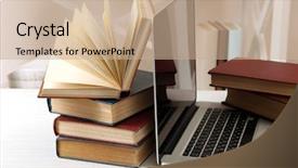  Presentation with stack books - Slide deck enhanced with distance learning - stack of books with laptop background and a coral colored foreground