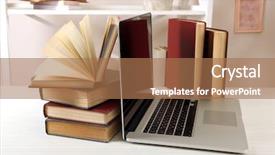  Presentation with stack books - Slides enhanced with distance learning - stack of books with laptop background and a coral colored foreground