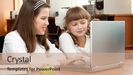  Presentation with task - Slides with distance learning - two schoolgirls concentrated on their background and a coral colored foreground