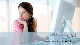  Presentation with desk - Audience pleasing slide deck consisting of distraction - distracted business woman sitting backdrop and a light blue colored foreground