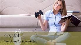  Presentation with female college student uti - Slides having distraction - female student being distracted background and a gold colored foreground