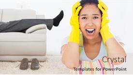  Presentation with rubber gloves - PPT layouts featuring distressed woman wearing apron and rubber gloves against low section of a businessman resting on sofa in living room background and a lemonade colored foreground