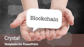  Presentation with blockchain - Amazing slide deck having distributed database - blockchain written on a speechbubble backdrop and a coral colored foreground