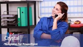  Presentation with distribution - Audience pleasing PPT layouts consisting of distribution center - young woman in blue overalls backdrop and a ocean colored foreground