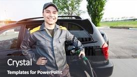  Presentation with gas station - Slides with distribution cost - smiling worker at the gas background and a dark gray colored foreground