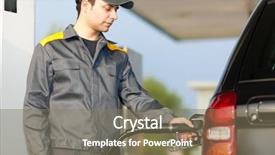  Presentation with gas station - Colorful presentation design enhanced with distribution cost - smiling worker at the gas backdrop and a violet colored foreground