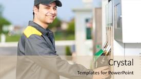  Presentation with gas station - Cool new slide set with distribution cost - smiling worker at the gas backdrop and a lemonade colored foreground
