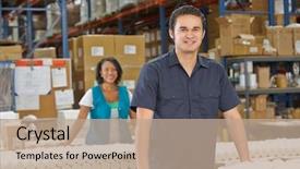  Presentation with production line - Beautiful slide deck featuring distribution lines - factory worker checking goods backdrop and a coral colored foreground