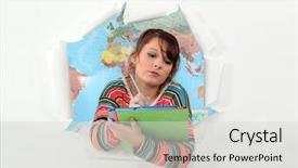  Presentation with distribution - Theme consisting of distribution picture - girl writing with torn paper background and a  colored foreground