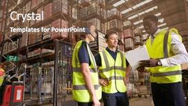  Presentation with distribution - Cool new PPT theme with distribution warehouse manager instructing colleagues backdrop and a tawny brown colored foreground