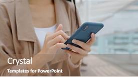  Presentation with mobile use - Presentation theme featuring districting - woman use of mobile phone background and a coral colored foreground