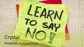  Presentation with water rain drop hanging on a fresh green leaf - Audience pleasing presentation theme consisting of dite - learn to say no advice backdrop and a yellow colored foreground