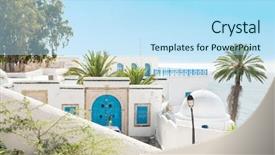  Presentation with beautiful houses - Colorful slide deck enhanced with dite - traditional white and blue houses backdrop and a sky blue colored foreground