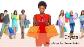  Presentation with customers - Slide set featuring divercity - group of shopping customers background and a coral colored foreground