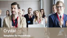  Presentation with business people moving gear - Colorful PPT theme enhanced with diveristy - confident business people applauding backdrop and a gray colored foreground