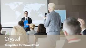  Presentation with questions - Slide deck enhanced with diveristy - rear view of businesswoman answering background and a gray colored foreground