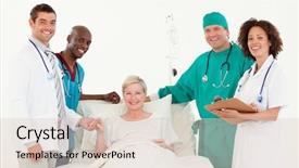  Presentation with patients - Beautiful presentation theme featuring diveristy - team doctors looking backdrop and a  colored foreground
