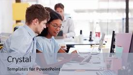  Presentation with working together - Beautiful PPT theme featuring diveristy - young man and woman working backdrop and a light blue colored foreground