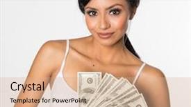  Presentation with money - Cool new slide deck with diverse beautiful woman holding money backdrop and a coral colored foreground