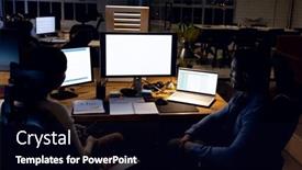  Presentation with diverse business people - PPT theme featuring diverse-business-people-at-desk background and a black colored foreground