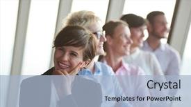  Presentation with diverse business people - Theme with diverse business people group standing together as team in modern bright office interior background and a light blue colored foreground