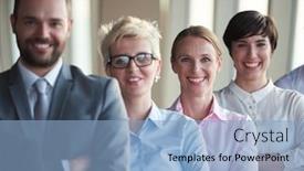  Presentation with diverse business people - PPT layouts having diverse business people group standing together as team in modern bright office interior background and a light blue colored foreground