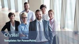 Presentation with diverse business people - Presentation consisting of diverse business people group standing together as team in modern bright office interior background and a ocean colored foreground