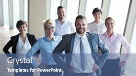  Presentation with diverse business people - Colorful presentation theme enhanced with diverse business people group standing together as team in modern bright office interior backdrop and a ocean colored foreground