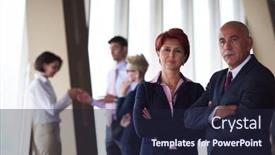  Presentation with woman leader - PPT layouts having diverse business people group standing together as team in modern bright office interior with redhair senior woman in front as leader background and a wine colored foreground
