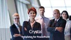  Presentation with woman leader - Colorful slide deck enhanced with diverse business people group standing together as team in modern bright office interior redhair senior woman in front as leader backdrop and a navy blue colored foreground