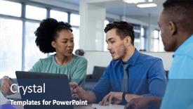  Presentation with global laptop - Presentation theme having diverse-business-people-using-laptop background and a ocean colored foreground