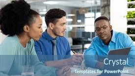  Presentation with global laptop - PPT layouts having diverse-business-people-using-laptop background and a ocean colored foreground