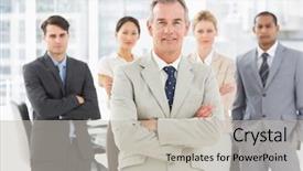  Presentation with team leader - Slide deck featuring diverse business team smiling background and a light gray colored foreground