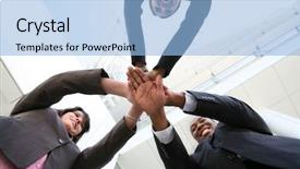  Presentation with team hands - Presentation theme with diverse business team with hands background and a light blue colored foreground