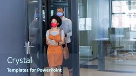  Presentation with face masks - Slide deck featuring diverse-businessman-and-businesswoman-wearing background and a ocean colored foreground