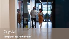  Presentation with face masks - PPT layouts with diverse-businessman-and-businesswoman-wearing background and a coral colored foreground